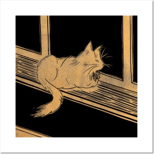 Maine Coon Cat on Windowsill Linocut in Gold and Black Posters and Art